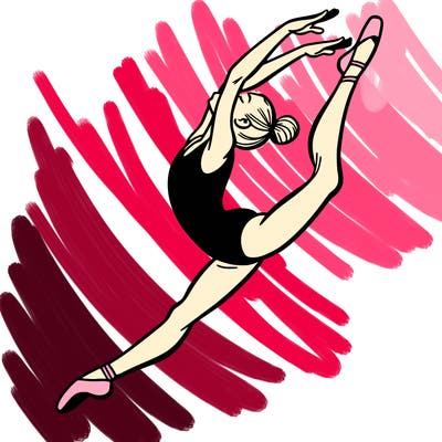 gymnast doing a leap in a leotard with a bent back leg