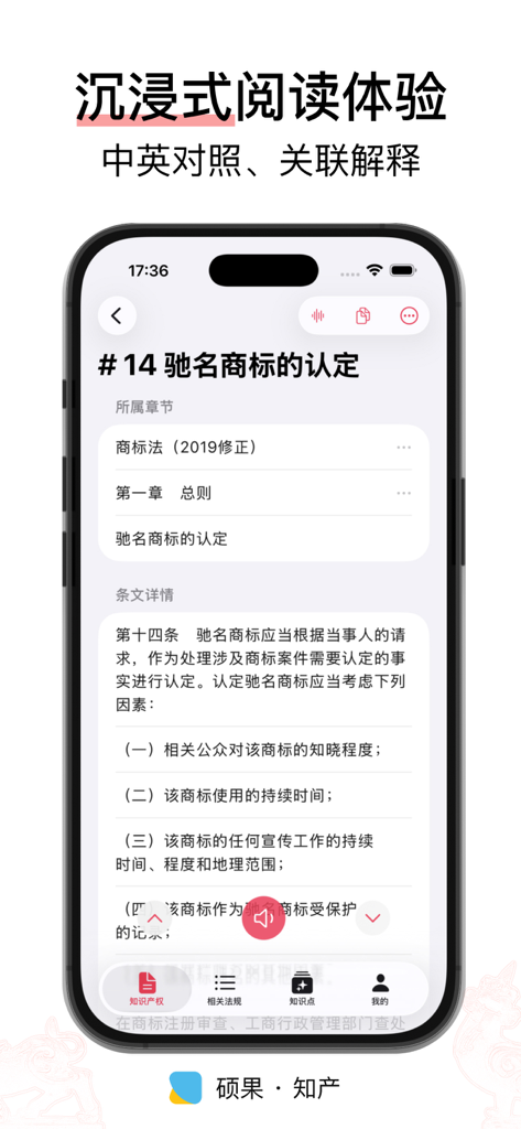 硕果 · 知产 - 法律法规/司法解释/部门规章 - Shuoguo IP app interface showing a detailed Chinese trademark law article in immersive reading mode