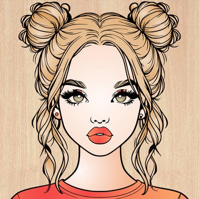 realistic girl with two buns in hair and lips