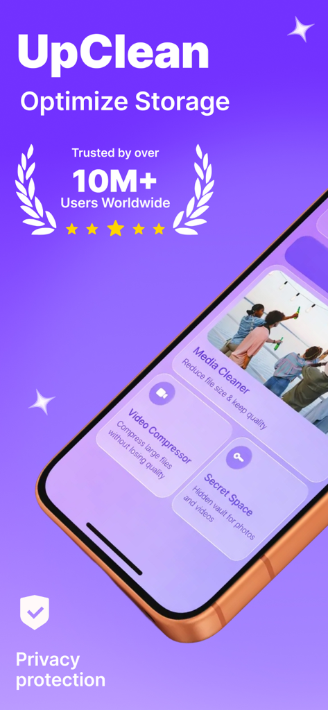 UpClean AI Cleaner App screen showing media cleaning video compression and storage optimization features