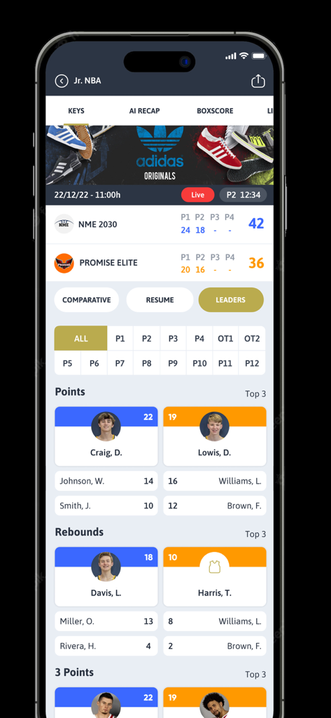 Mobile interface of the DBB.Scores app showing live basketball scores and top player statistics for points and rebounds.