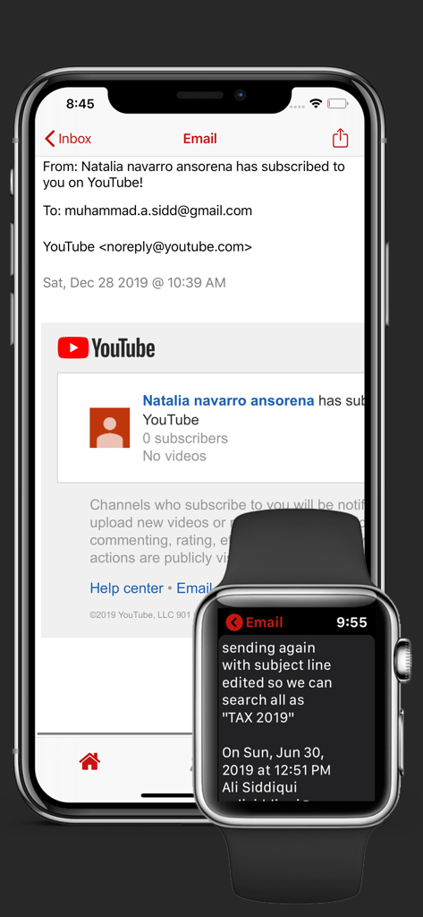iPhoneとApple Watch間のメール同期を示すWristMail for Gmailアプリのインターフェース
