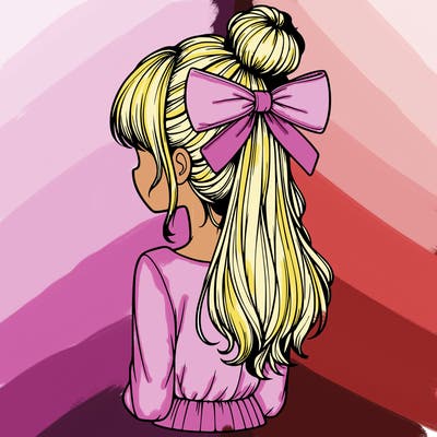 realistic girl  with hip length hair a bun and a big bow on the back of head