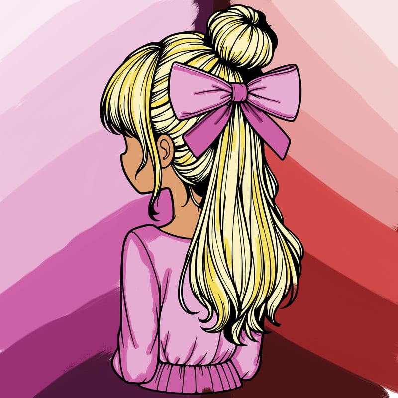 realistic girl  with hip length hair a bun and a big bow on the back of head