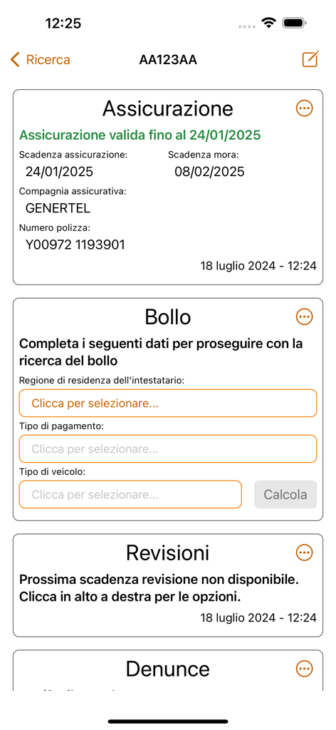 Scanner Veicoli - Mobile app interface showing vehicle insurance and tax details for an Italian car