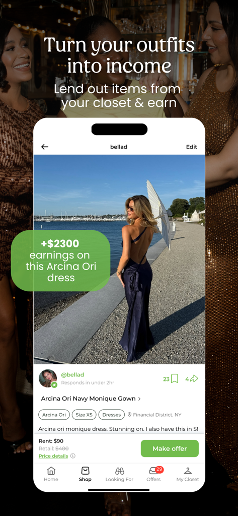 Pickle | Rent & Lend Fashion - Uno screenshot dell'app Pickle che mostra un abito firmato in affitto con un focus sul guadagno di reddito dal prestito di vestiti.