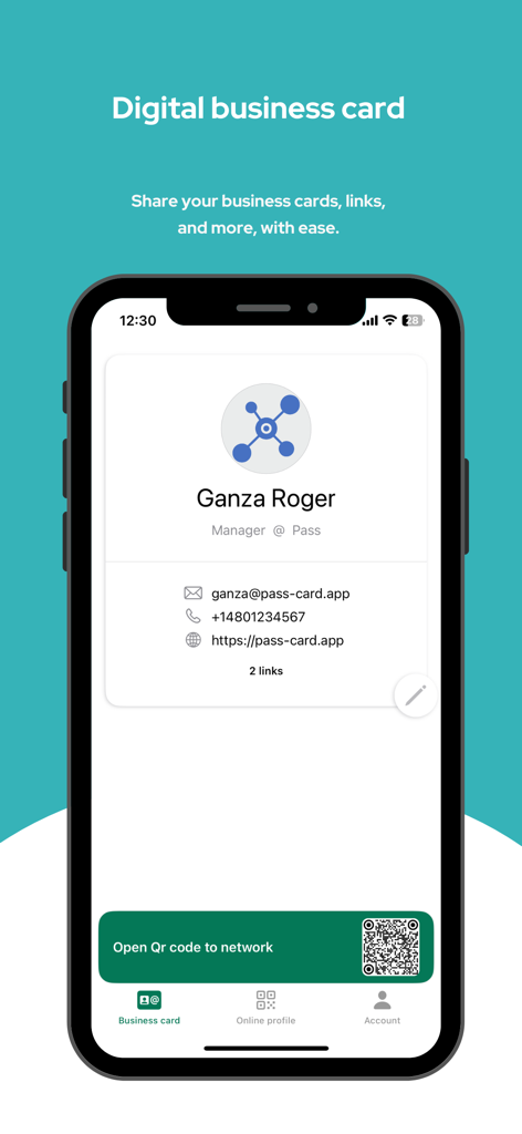 Nami - A business card - Un telefono cellulare che mostra un biglietto da visita digitale nell'app Nami con un codice QR per il networking