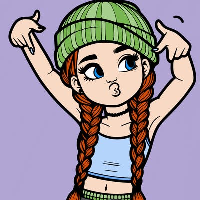 realistic teenage girl with braids and a beanie and crop top doing 🫶🏼