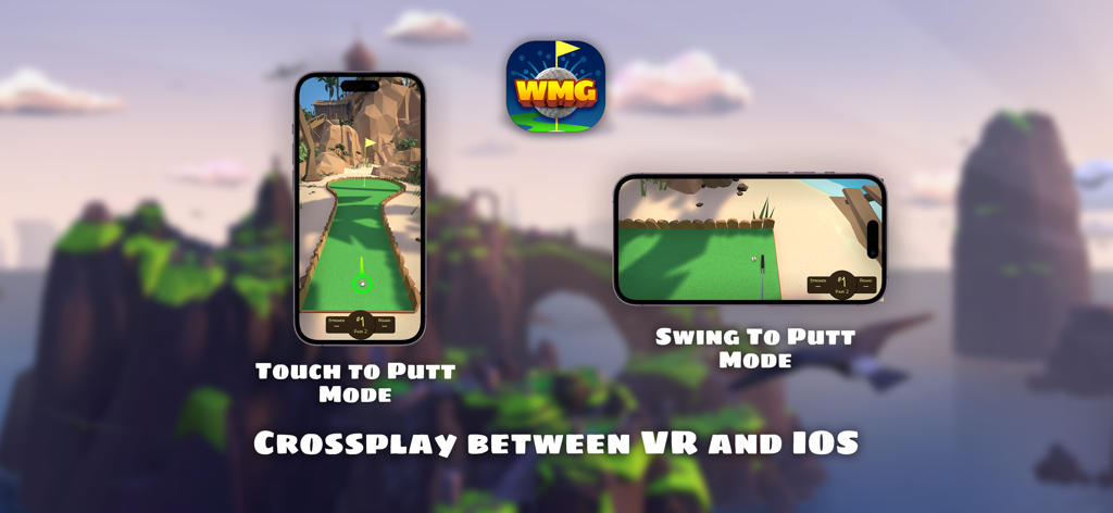 Walkabout Mini Golf - Dos iPhones mostrando los modos de control táctil para lanzar y swing para lanzar de Walkabout Mini Golf con información sobre juego interplataforma