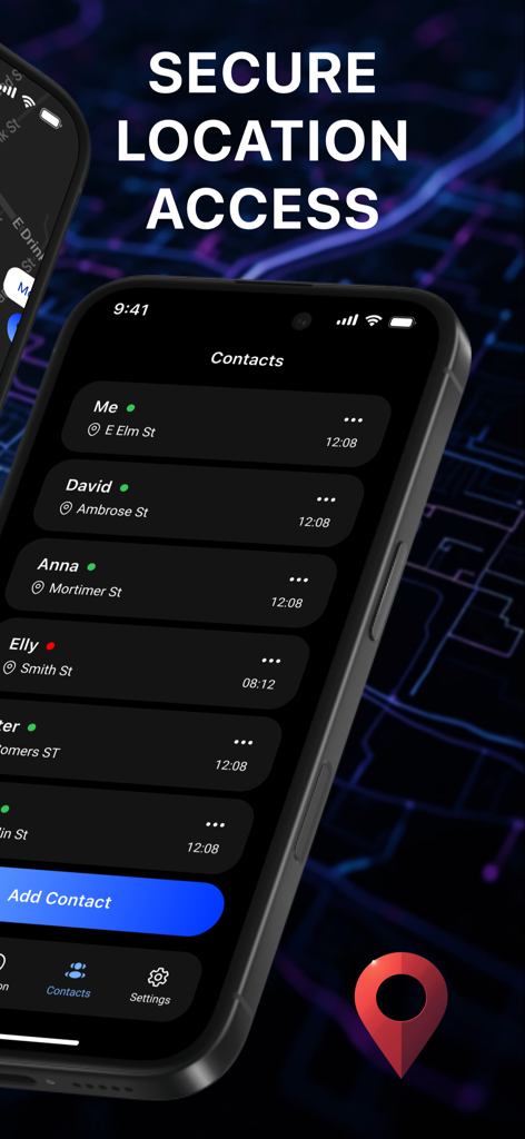 GPS-Locator: Geo Find Location - 안전한 가족 추적을 위해 현재 위치와 온라인 상태가 표시된 연락처 목록을 보여주는 모바일 앱 인터페이스