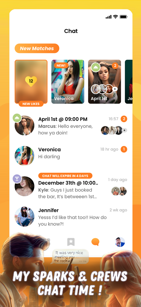 Blender Dating App Meet & Date - Screenshot of the Blender Dating App chat interface showing individual and group conversation threads