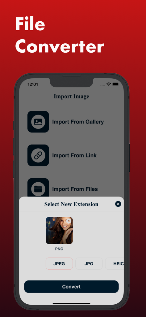 HEIC to JPEG : image converter - App convertitore di immagini HEIC in JPEG che mostra le opzioni di importazione e formato file