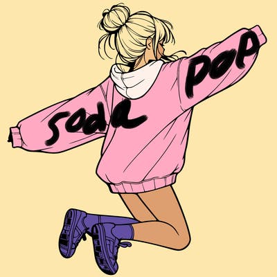 realistic girl jumping with a bun and oversized sweatshirt