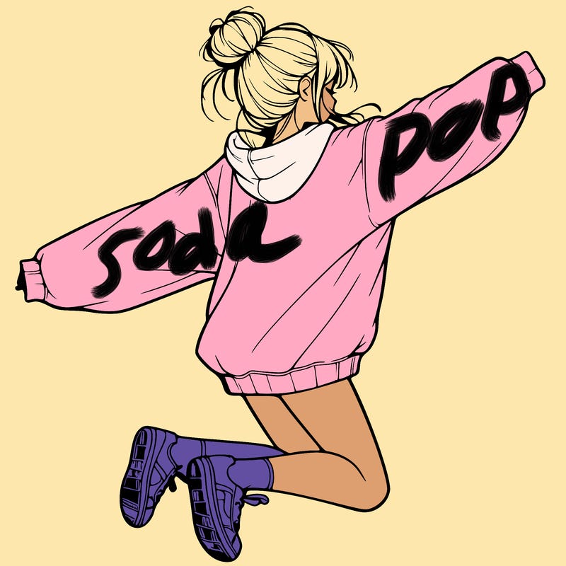 realistic girl jumping with a bun and oversized sweatshirt