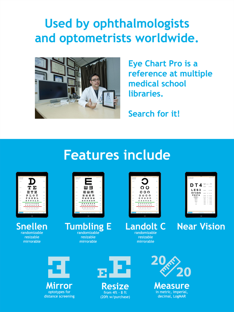 Eye Chart Pro - Eye Chart Pro iPad app interface showing Snellen Tumbling E and Landolt C charts with medical professional endorsement