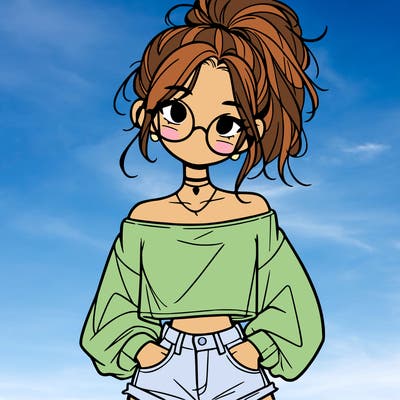 girl with a messy ponytail glasses a baggy crop top and jean shorts