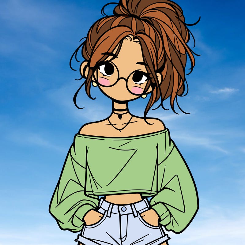 girl with a messy ponytail glasses a baggy crop top and jean shorts
