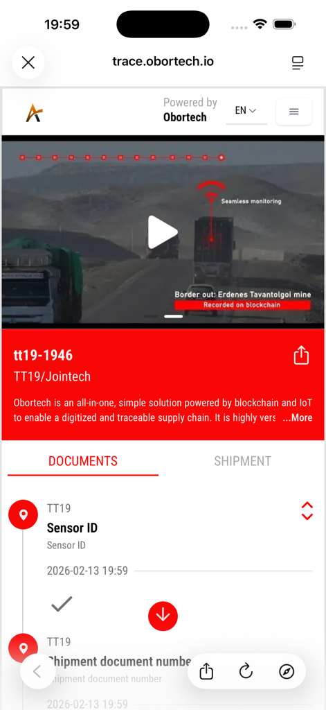 Obortech Smart Hub Mobile App-Bildschirm, der die Echtzeit-Sendungsverfolgung und Blockchain-Aufzeichnungen anzeigt