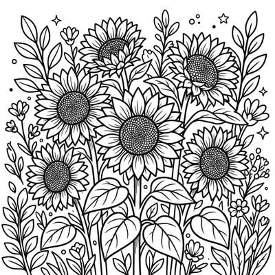 Welcome the beauty of spring with this charming coloring page featuring a bountiful field of dwarf sunflowers. This delightful scene perfectly captures the fresh spirit of renewal, ready for your creative touch.