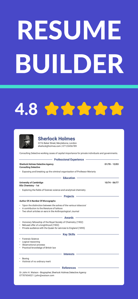 Resume Builder app interface showing a 4.8 star rating and a professional CV template example