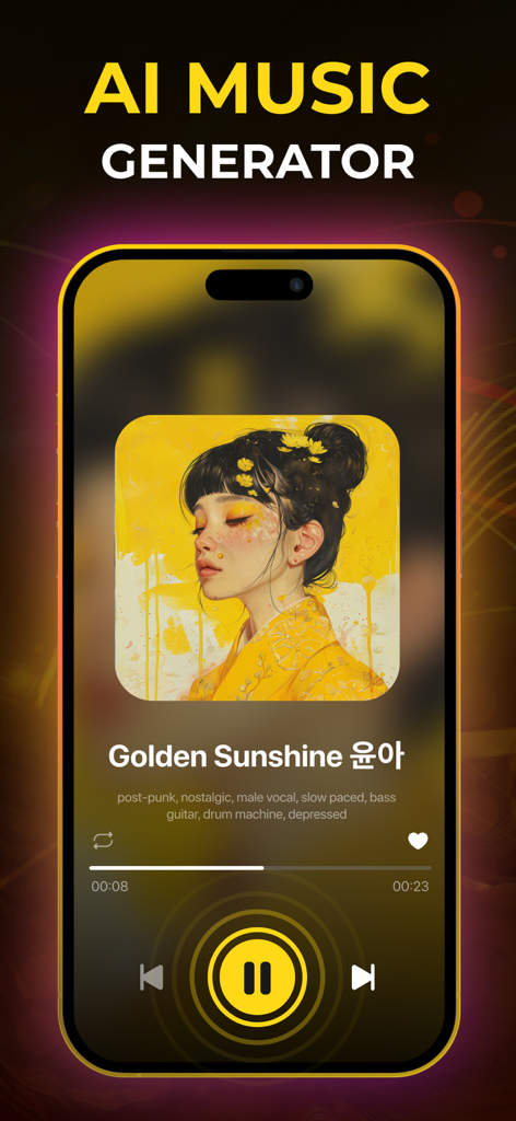 Music AI - Song Generator App - AI 음악 생성 앱 인터페이스, 맞춤 곡을 위한 뮤직 플레이어 표시