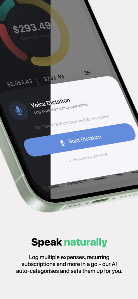 Smartphone screen showing the Mint app voice dictation feature to log expenses naturally