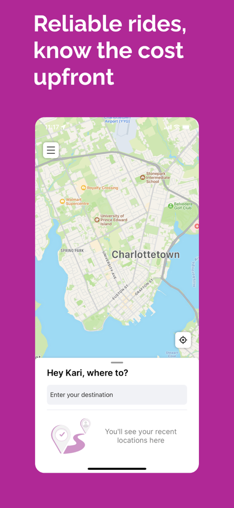 Kari - Kari app screenshot showing a map of Charlottetown and a destination search field
