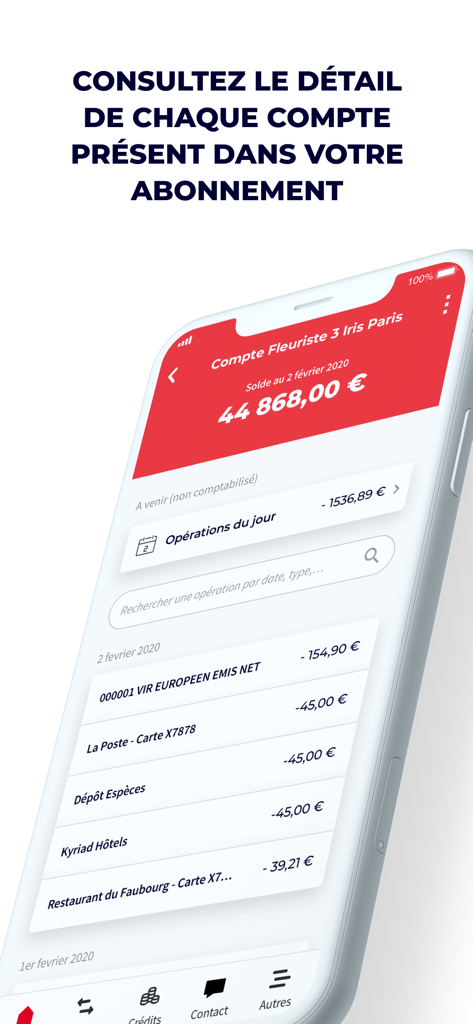 Capture d'écran de l'application mobile Sogecash Net SG affichant l'historique des transactions et le solde d'un compte d'entreprise sur un iPhone