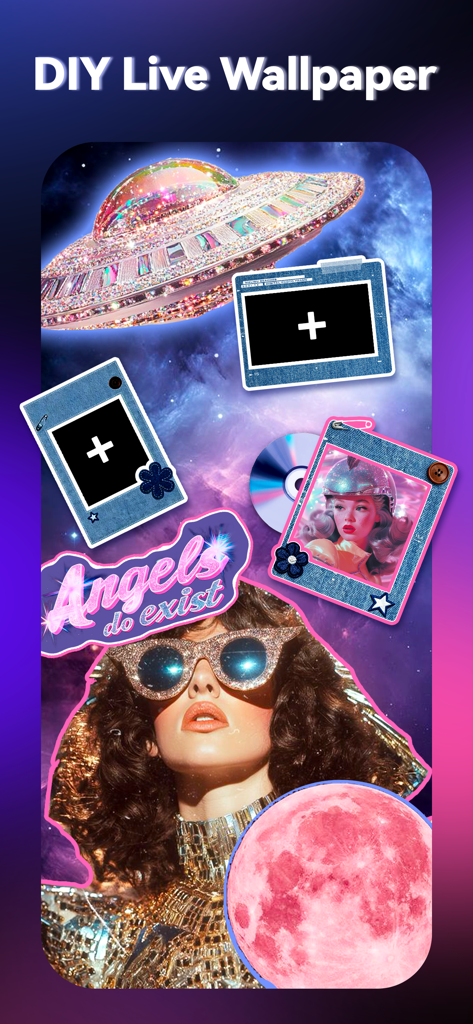 ThemeKit: Widget & Icon Themes - ThemeKit app interface showing DIY live wallpaper creation with a Y2K space aesthetic collage