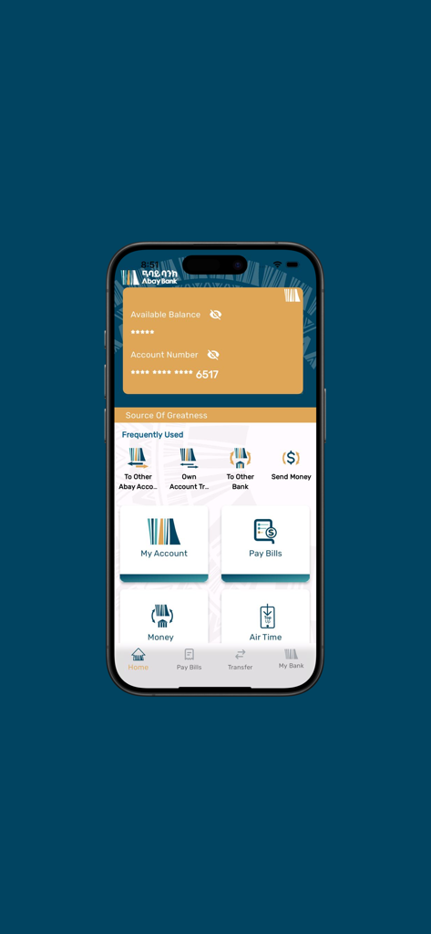 Abay Bank - Pantalla de inicio de la aplicación móvil Abay Bank que muestra el saldo de la cuenta y las opciones bancarias