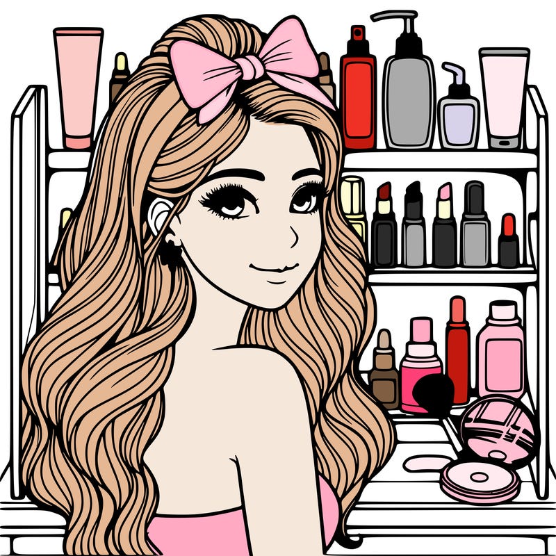 realistic girl with a vanity full of skincare and makeup behind her