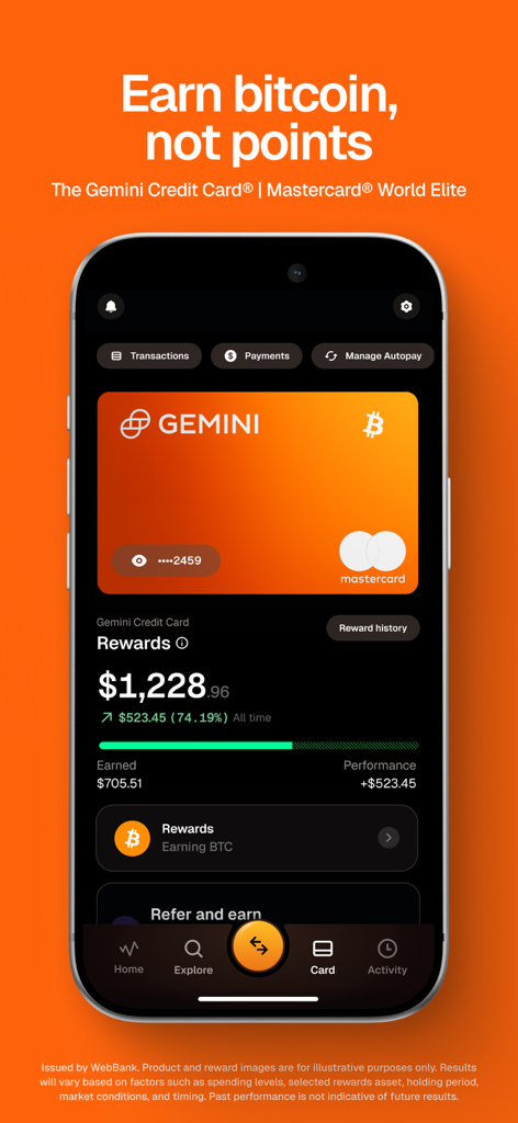 Gemini Exchange & Credit Card - Gemini mobile app screen showing the Gemini Credit Card interface with accumulated bitcoin rewards.