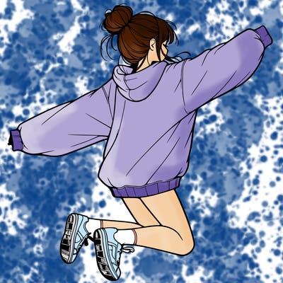 realistic girl jumping with a bun and oversized sweatshirt