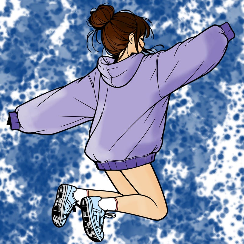 realistic girl jumping with a bun and oversized sweatshirt