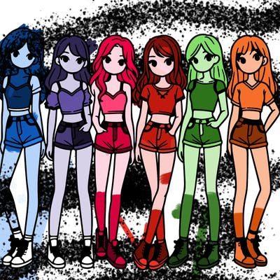 a group of girls wearing crop tops and shorts