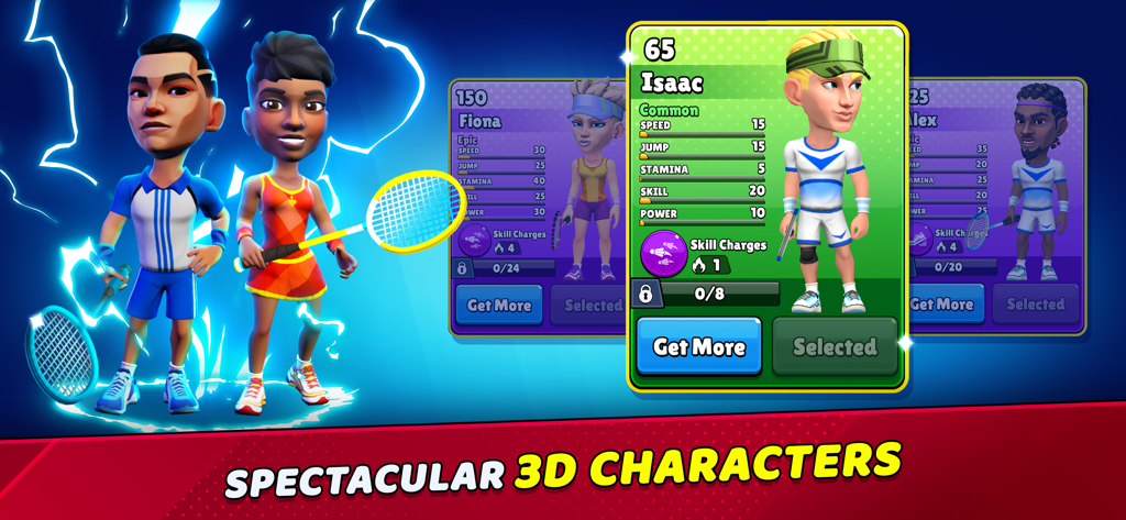 Una exhibición de personajes 3D estilizados y sus estadísticas de habilidad en Badminton Clash 3D.