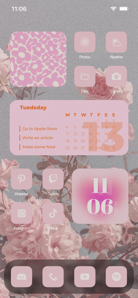 Aesthetic: App icons & Widgets - カスタムされたiPhoneホーム画面、ピンクの花柄の美的なテーマで、マッチするアイコンとウィジェットを備えています