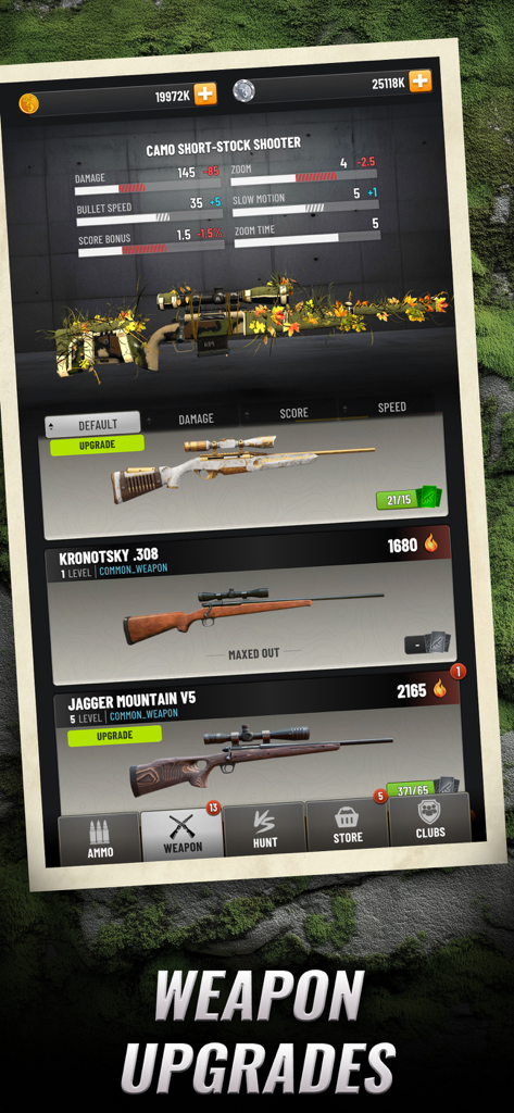Trophy Hunter weapon upgrade screen showing sniper rifle stats and customization options