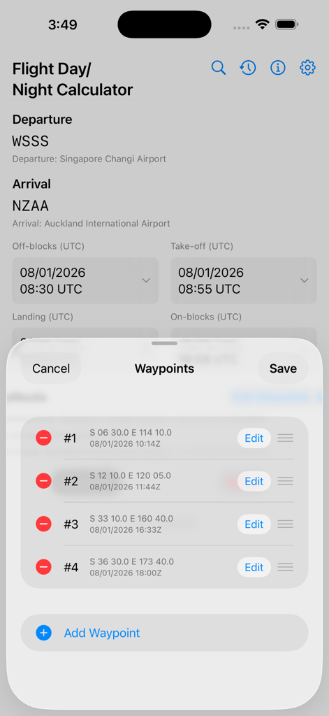 Flight Day/Night Calculator - A screenshot showing the waypoint editing screen of the Flight Day/Night Calculator app with a list of coordinates and times for a flight route.