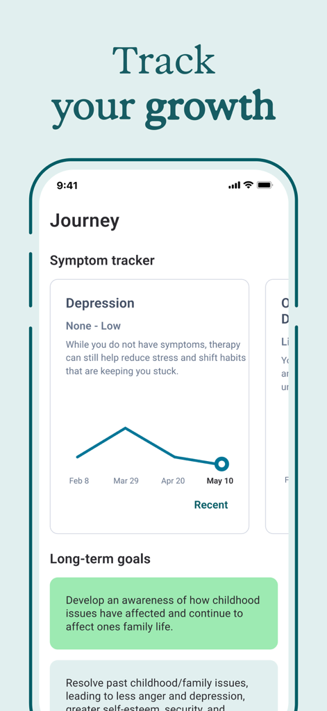 Talkspace: Virtual Therapy App - Talkspace app interface showing a depression symptom tracker graph and long-term goals section