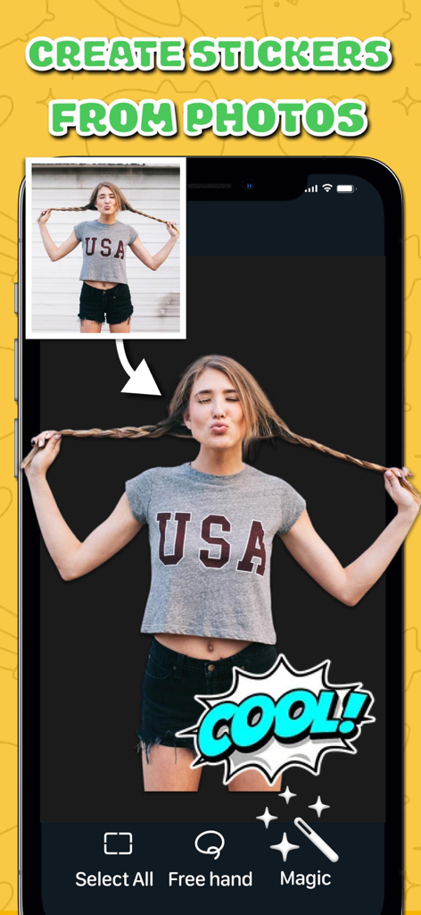 Interface of the AI Sticker Maker app showing how to create a custom sticker from a photo using background removal.