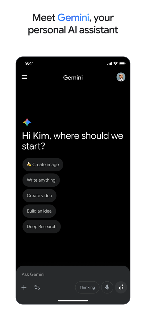 Google Gemini mobile app interface showing the home screen greeting and AI action buttons like Create image and Deep Research.