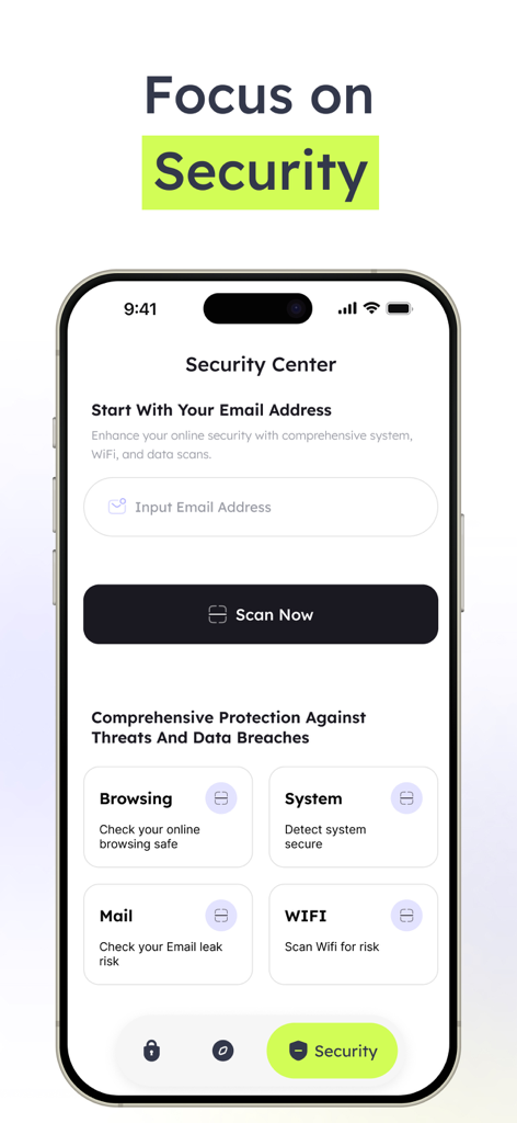 Binwiz VPN Security Center dashboard for scanning email leaks and system vulnerabilities