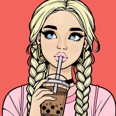 realistic girl with braided hair drinking boba