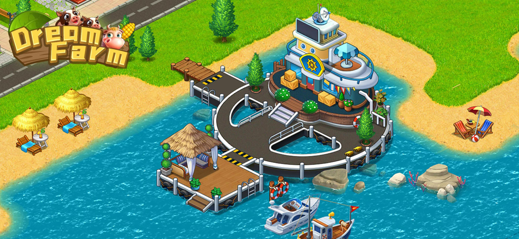 Dream Farm : Harvest Day - Uma área de cais costeira relaxante com diversos edifícios e decorações de praia em Dream Farm Harvest Day