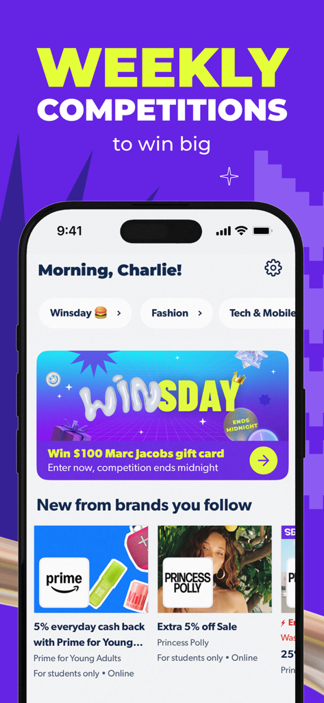 Student Beans: College Deals - Student Beans app screen showing weekly competitions and brand discounts for college students