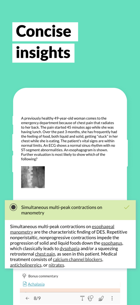 AMBOSS Qbank for Medical Exams - Interfaz de la aplicación AMBOSS Qbank que muestra una pregunta de práctica médica y perspectivas clínicas