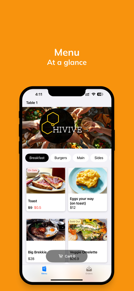 Hivive Order - Hivive Order app menu interface displaying various breakfast items with images and prices