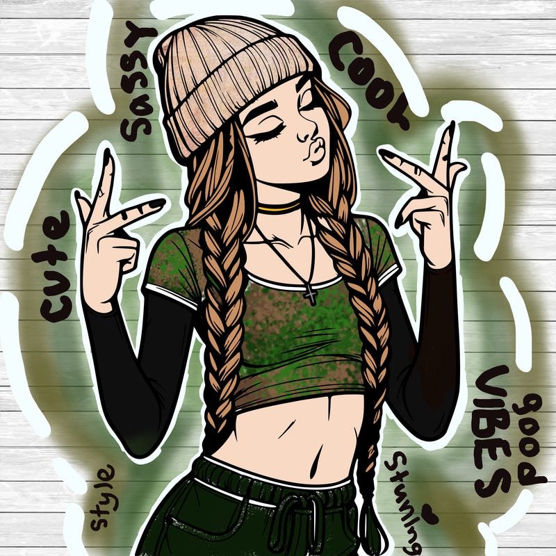 realistic teenage girl with braids and a beanie and crop top doing 🫶🏼