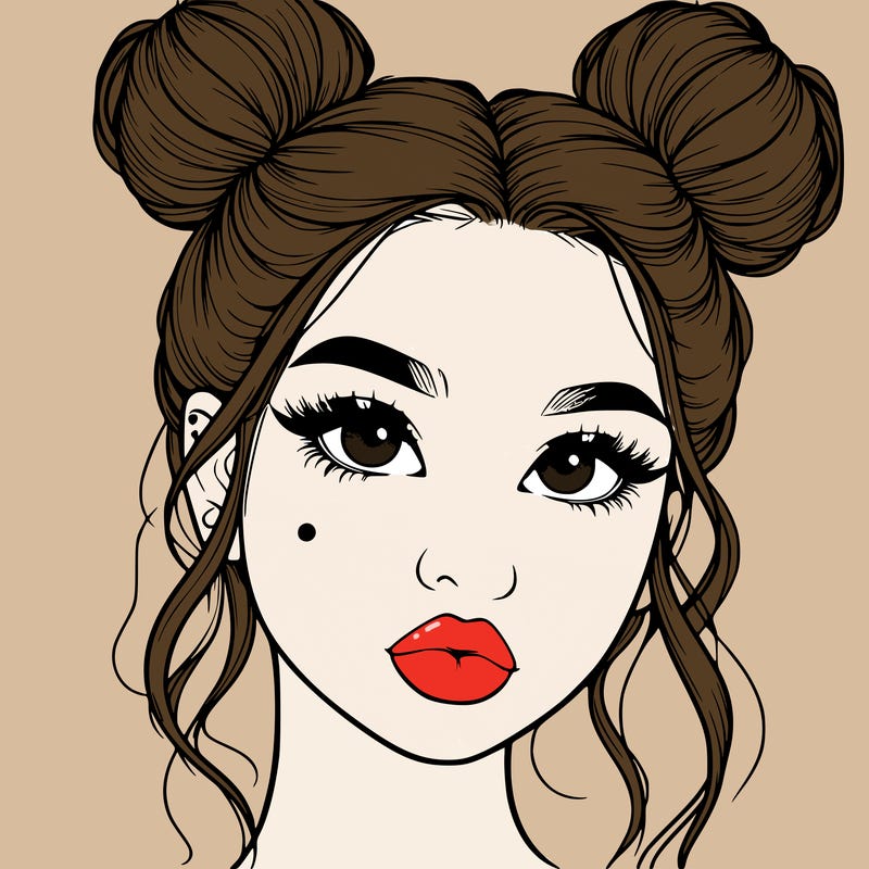 realistic girl with two buns on her hair and lips